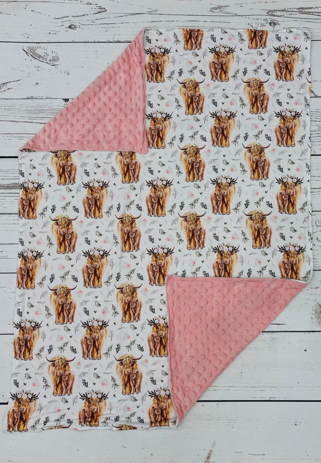 Pink highland cow stroller blanket