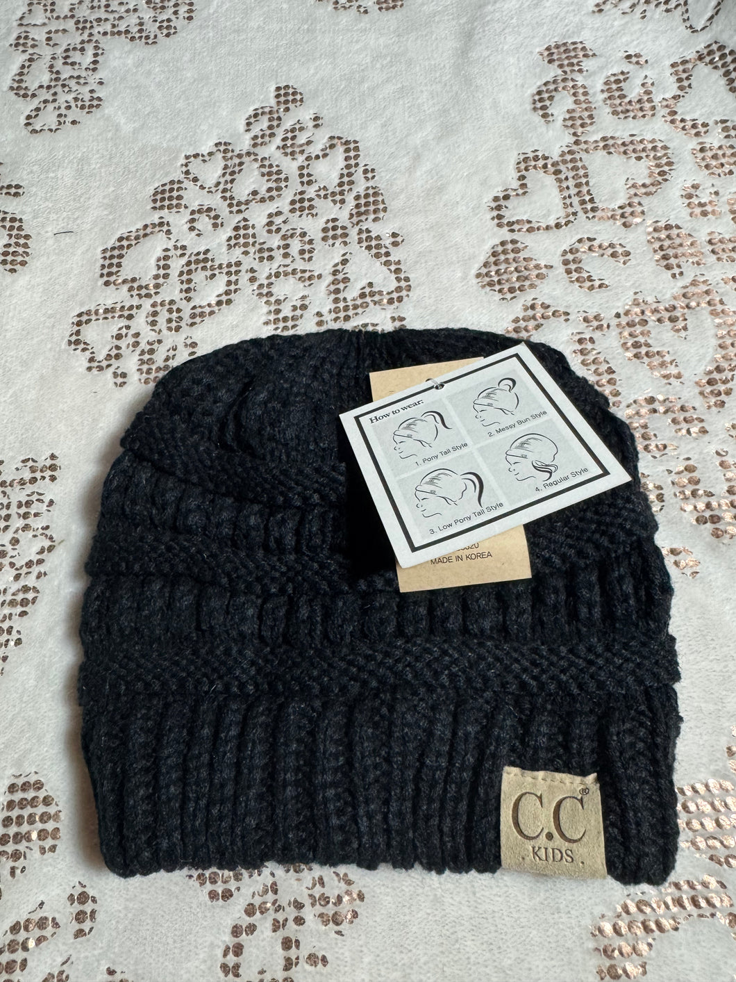Black C.C Kids Beanie w/ Pony tail hole