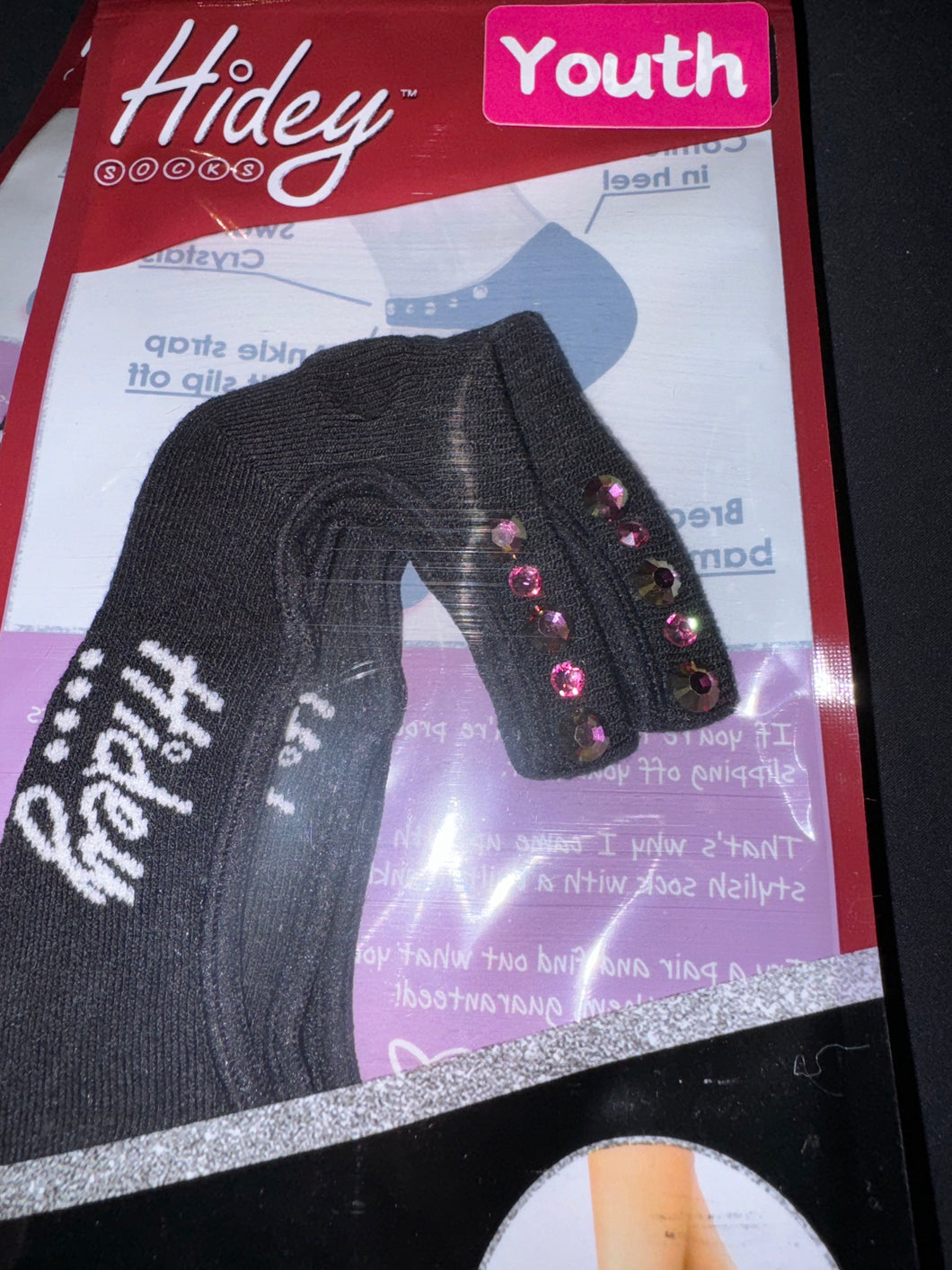 Hidey Style Socks Youth Black w/ pink crystals