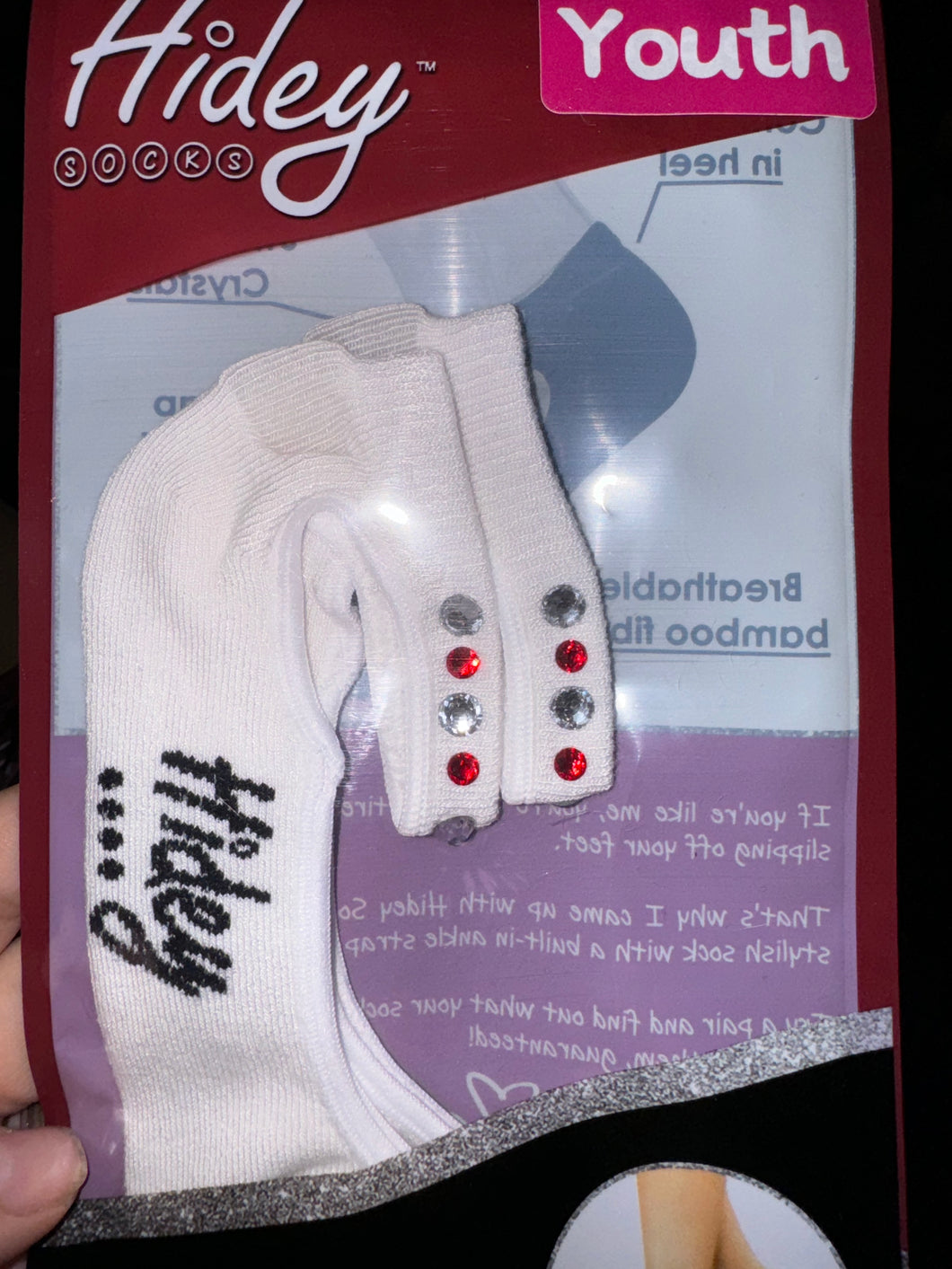 Hidey Style Socks Youth White w/ red & clear crystals